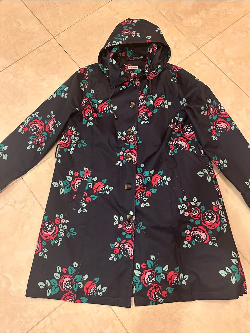 Capelli of New York Navy Floral Hooded Trench Coat Size M - Picture 7 of 16